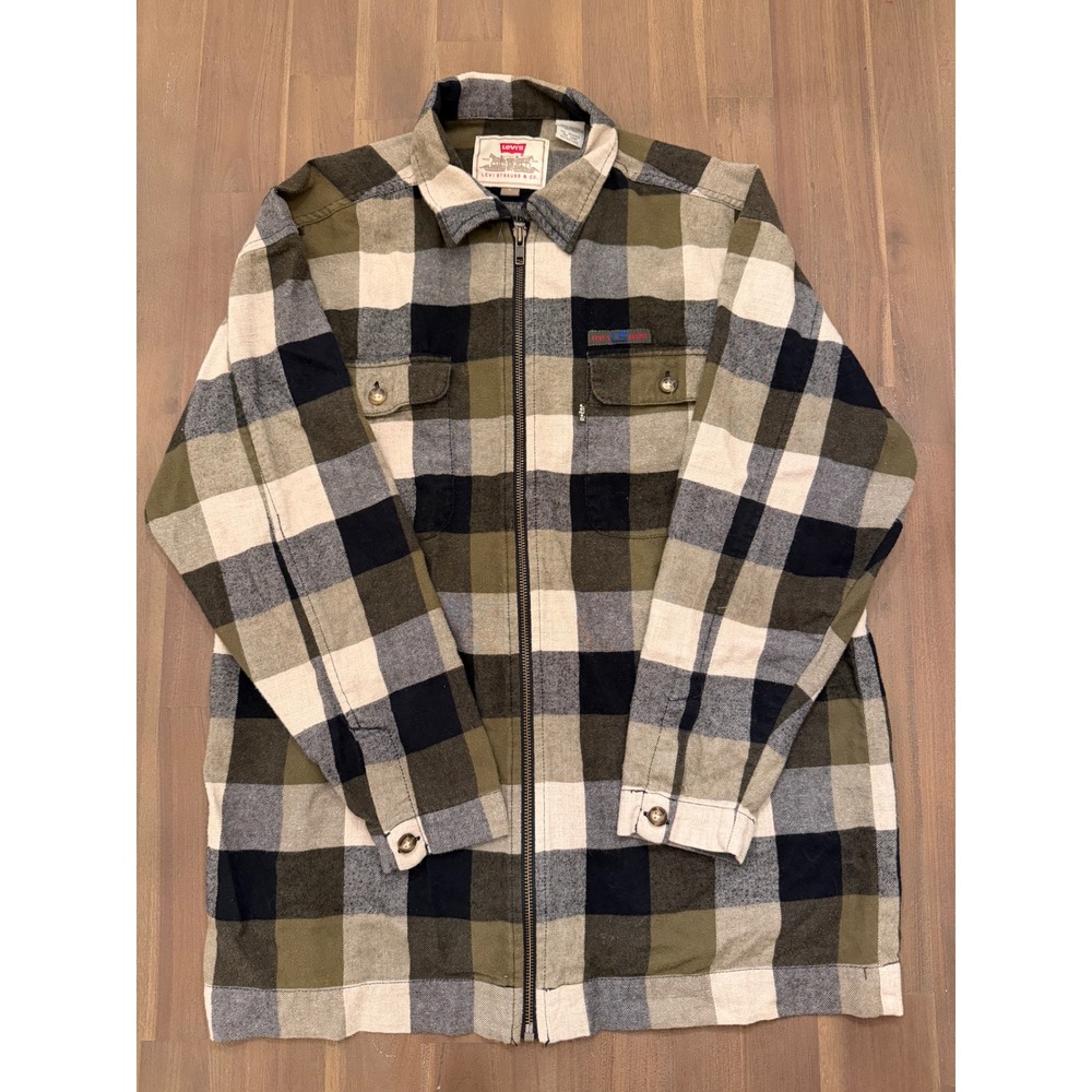 Levi Strauss & Co Mens Plaid Full Zip Shirt Jacket‎ Green Black Cream L